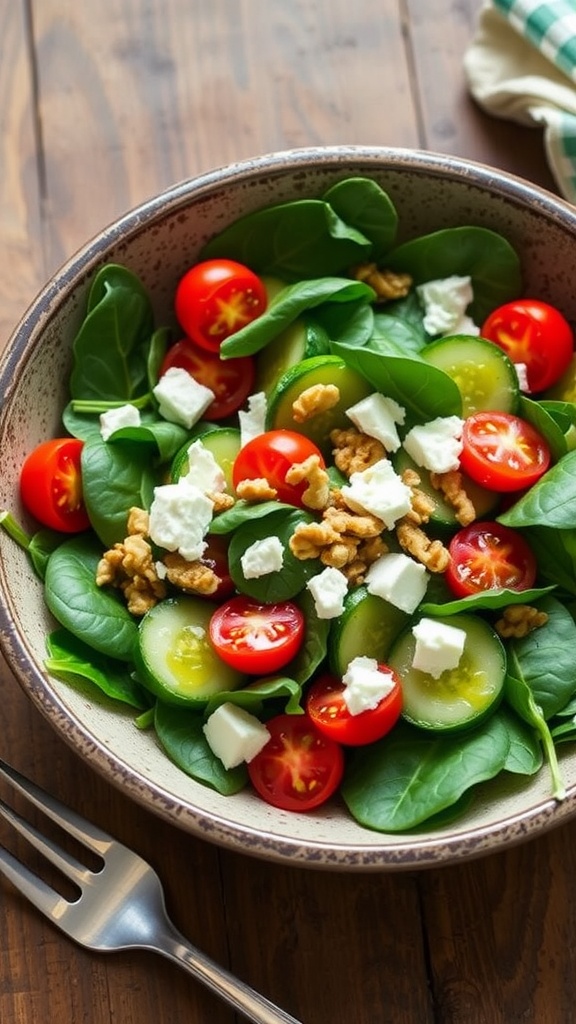 A fresh spinach salad with tomatoes, cucumbers, feta cheese, and walnuts in a bowl.